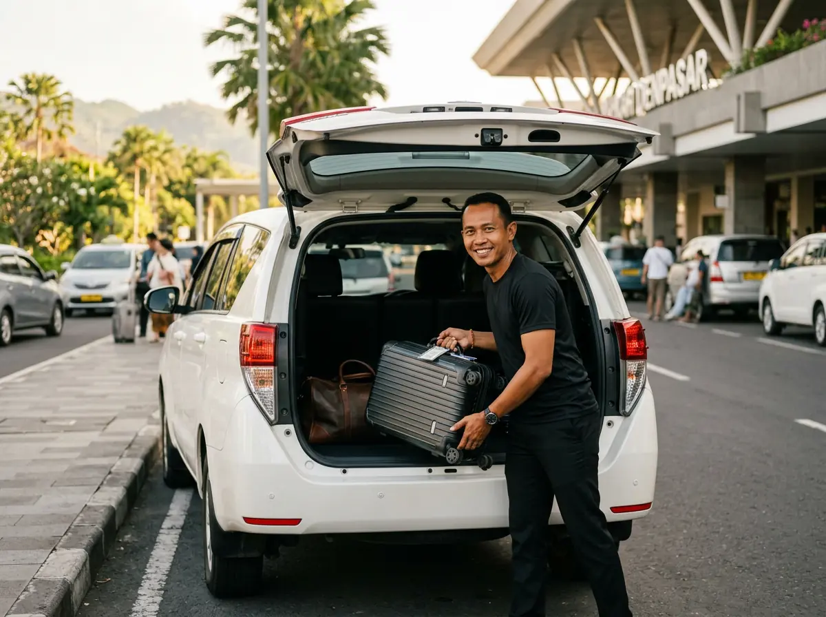 A Bali Wheelman chauffeur loading suitcases into a pearl-white MPV at the airport kerb