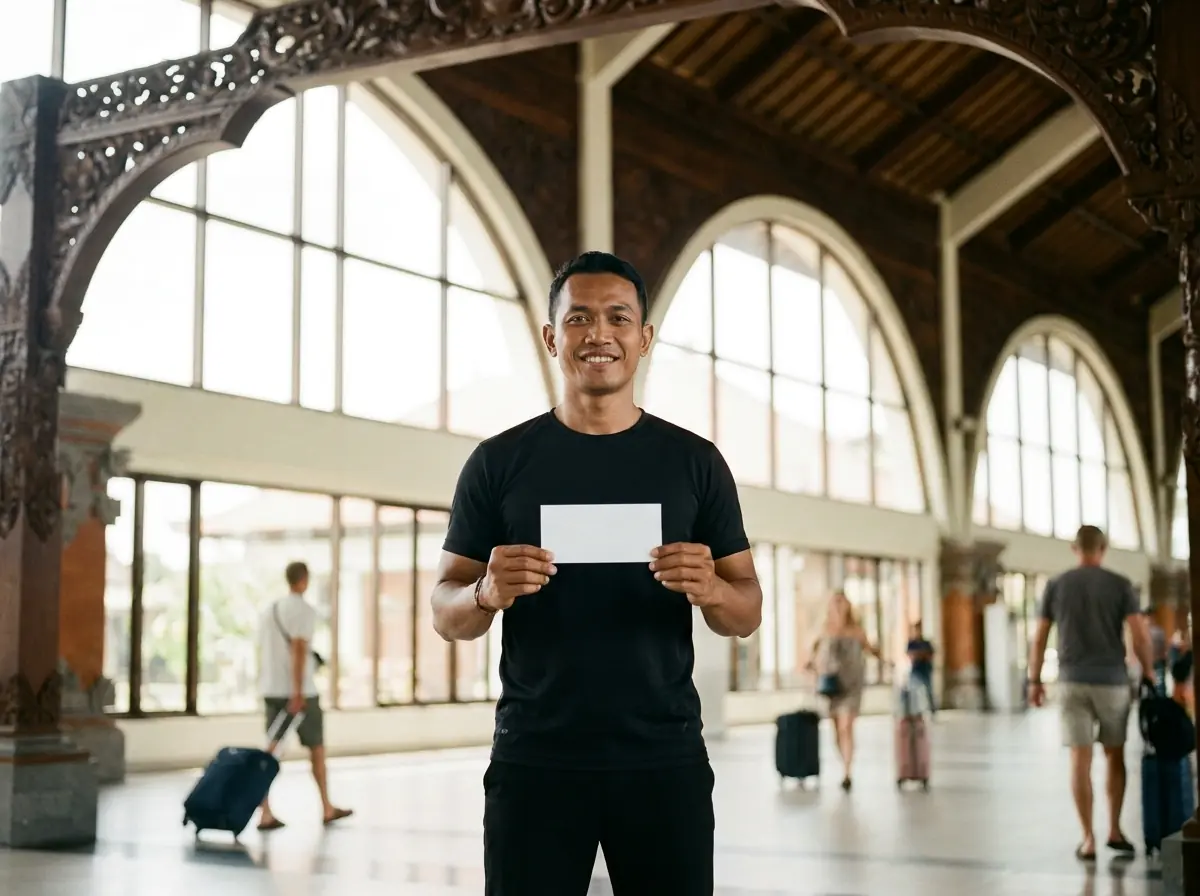 A chauffeur waiting with a welcome board at Bali international airport arrivals