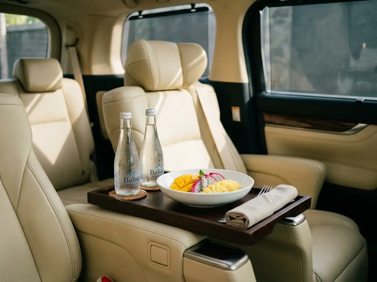 Fresh fruit set-up and chilled water on the armrest of the premium MPV cabin