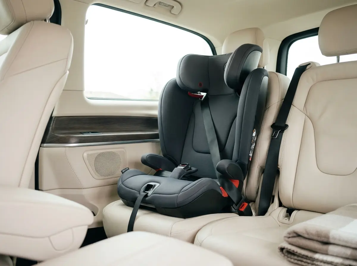 Child booster seat fitted and buckled in the premium MPV cabin