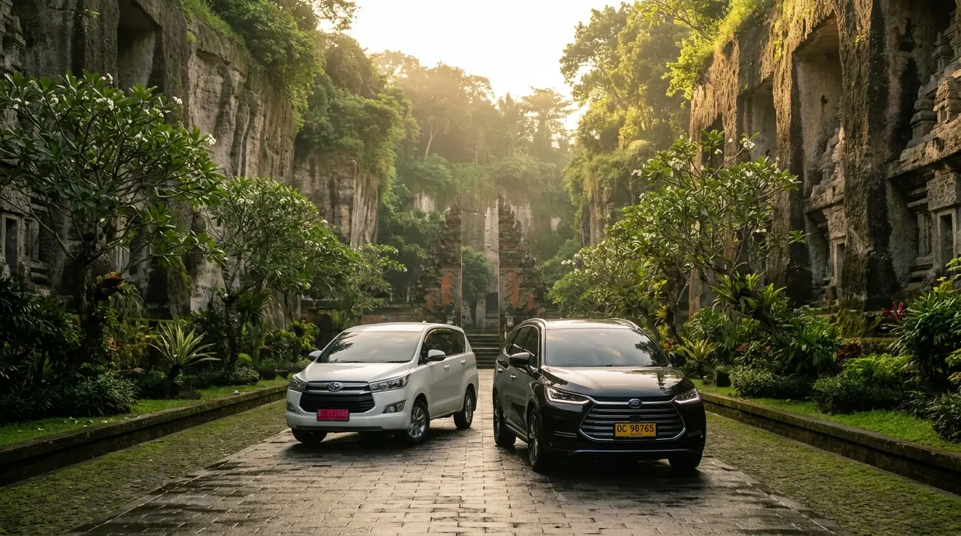 A pearl-white Toyota Innova and a metallic black BYD MPV driving between carved Balinese limestone walls toward a temple gate, golden afternoon light