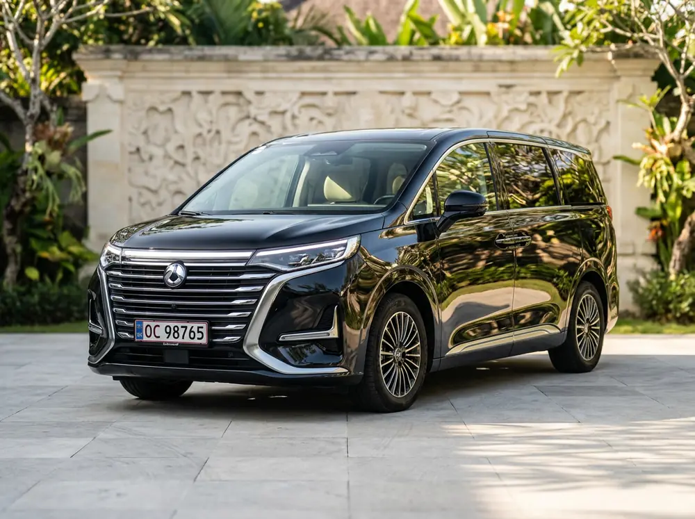 Metallic black Denza D9 luxury electric MPV, chauffeur-driven in Bali