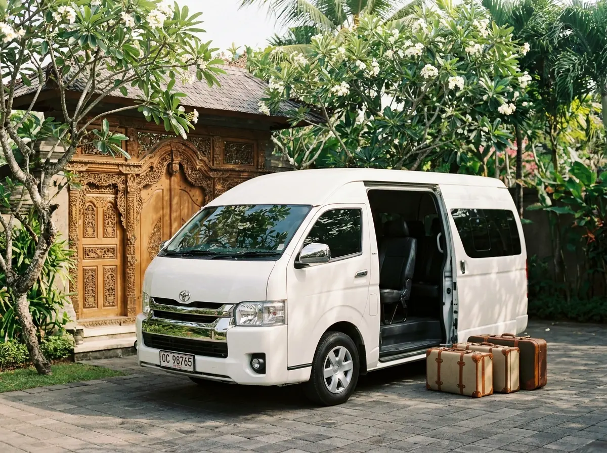 White HiAce van with luggage ready at a private Bali villa entrance